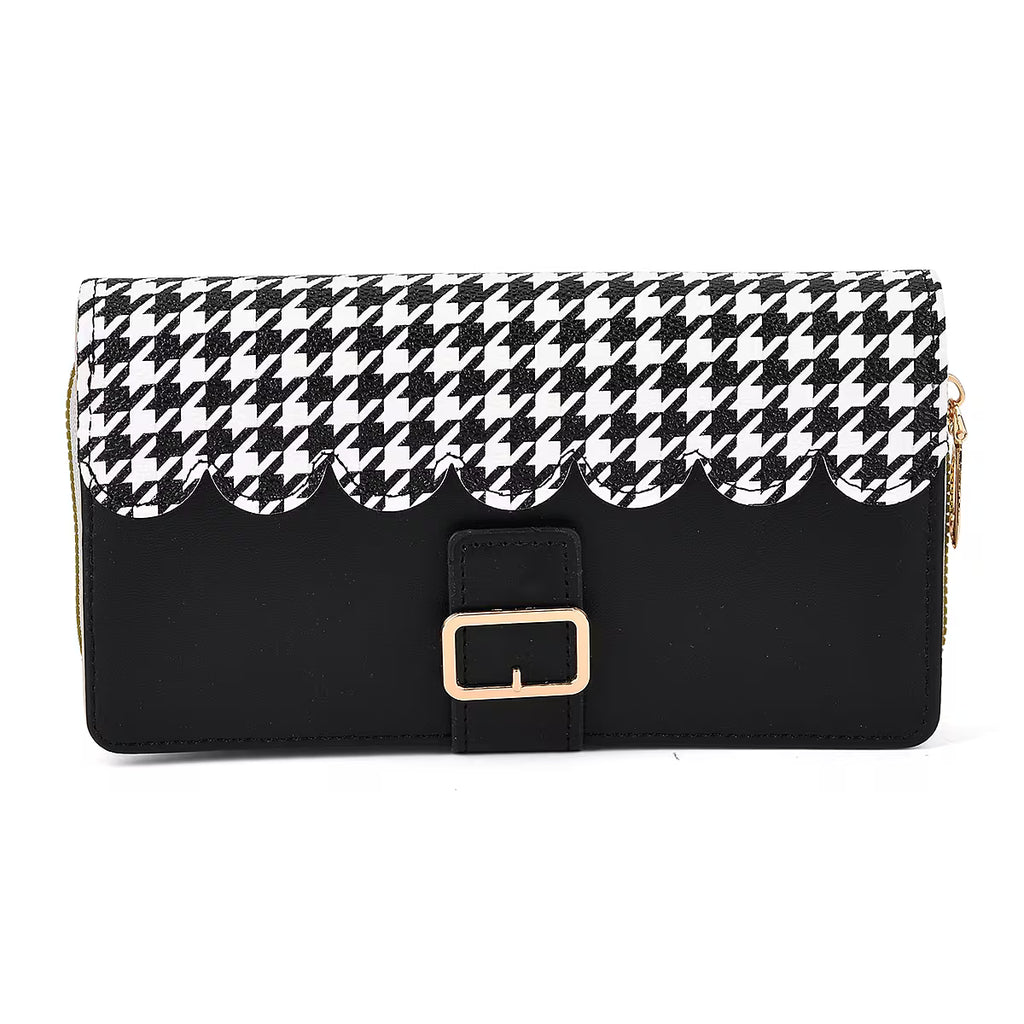 Black Houndstooth Scalloped Long Wallet with Gold Buckle Accent
