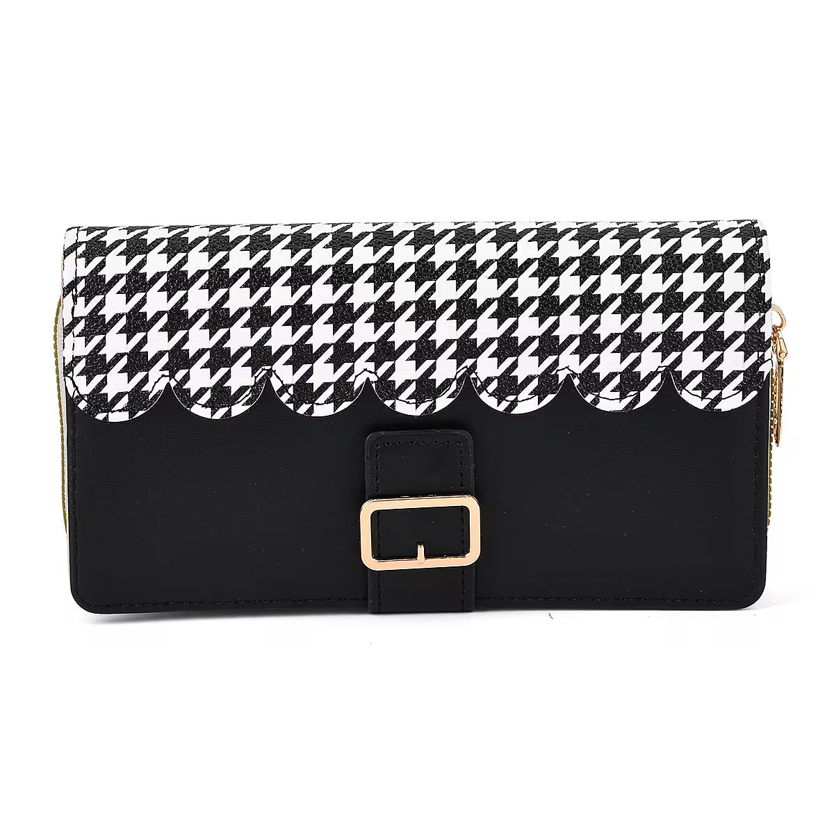 Black Houndstooth Scalloped Long Wallet with Gold Buckle Accent