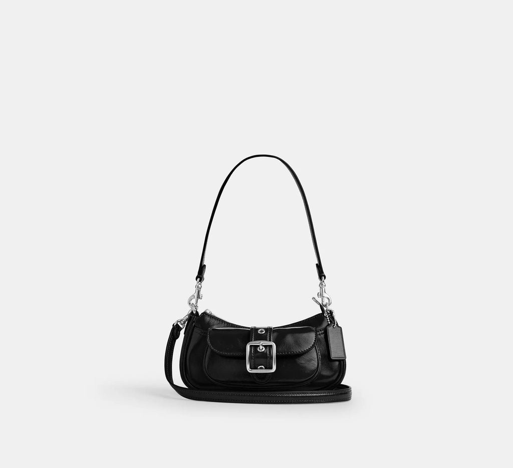 Black Retro Buckle-Front Mini Shoulder Bag with Detachable Strap