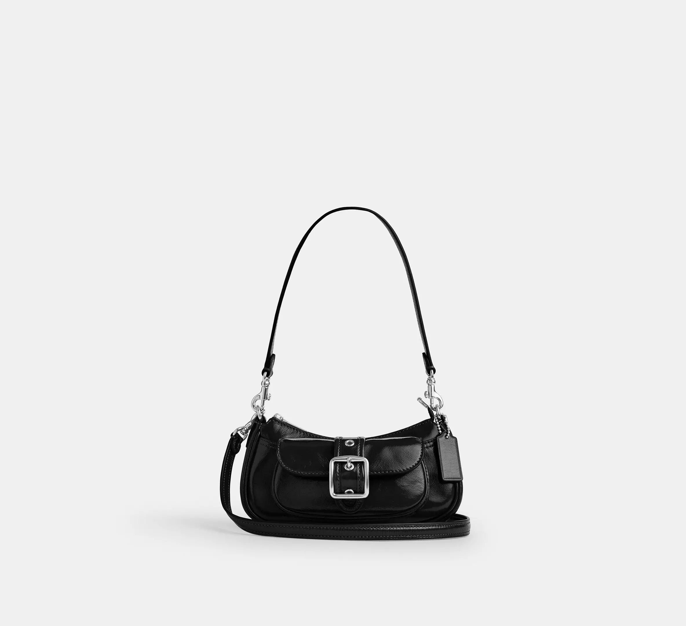 Black Retro Buckle-Front Mini Shoulder Bag with Detachable Strap