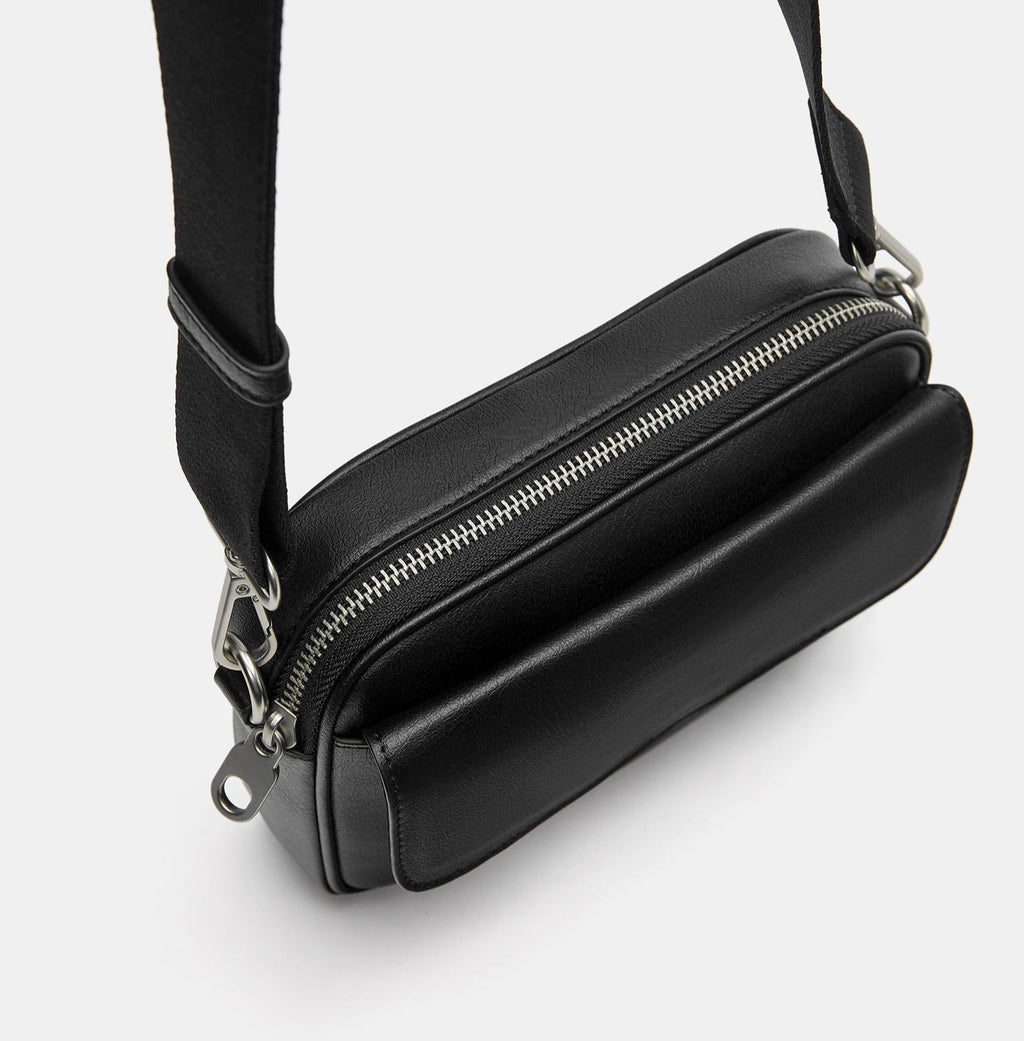 Jet Black Front-Pocket Zip Shoulder Bag with Adjustable Strap