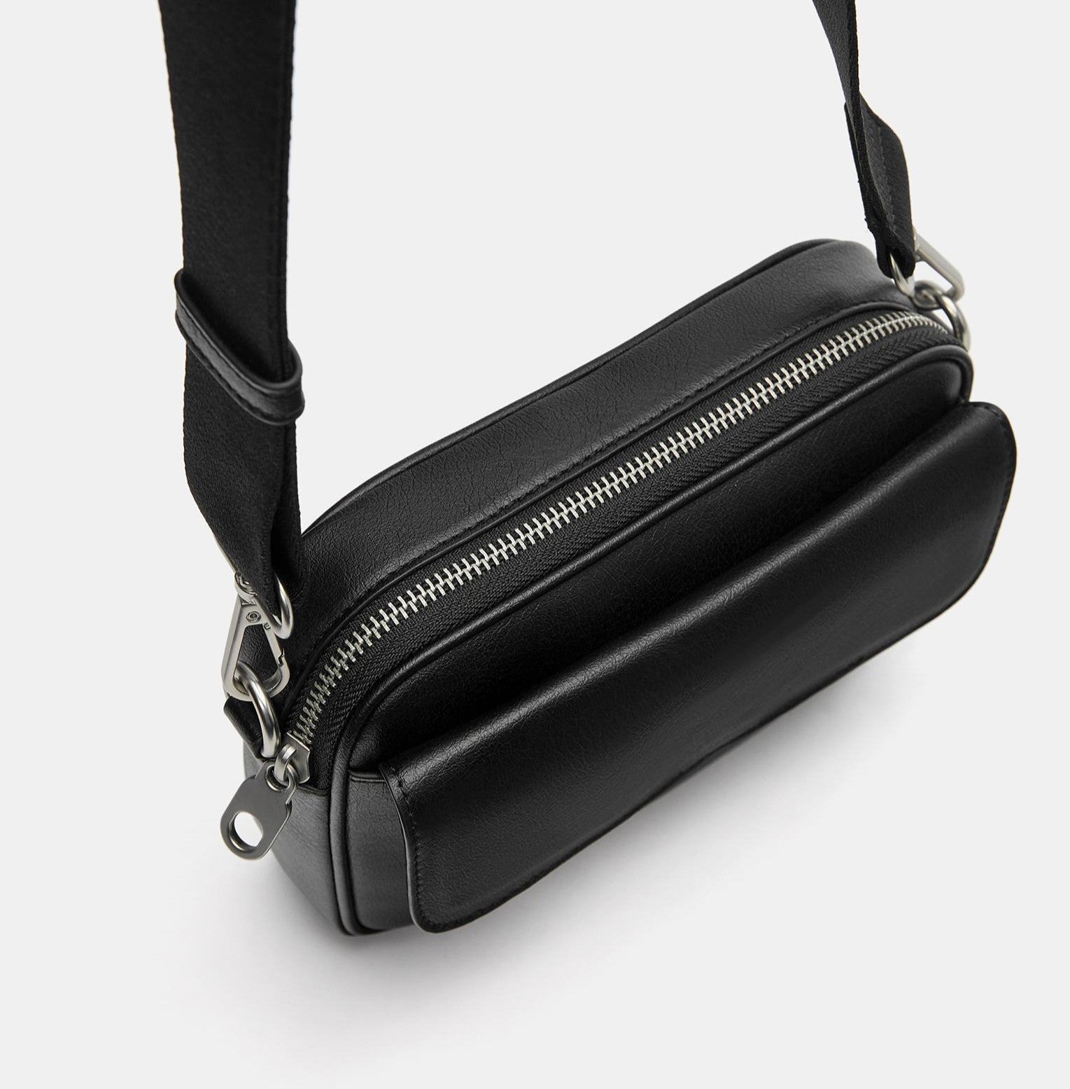 Jet Black Front-Pocket Zip Shoulder Bag with Adjustable Strap