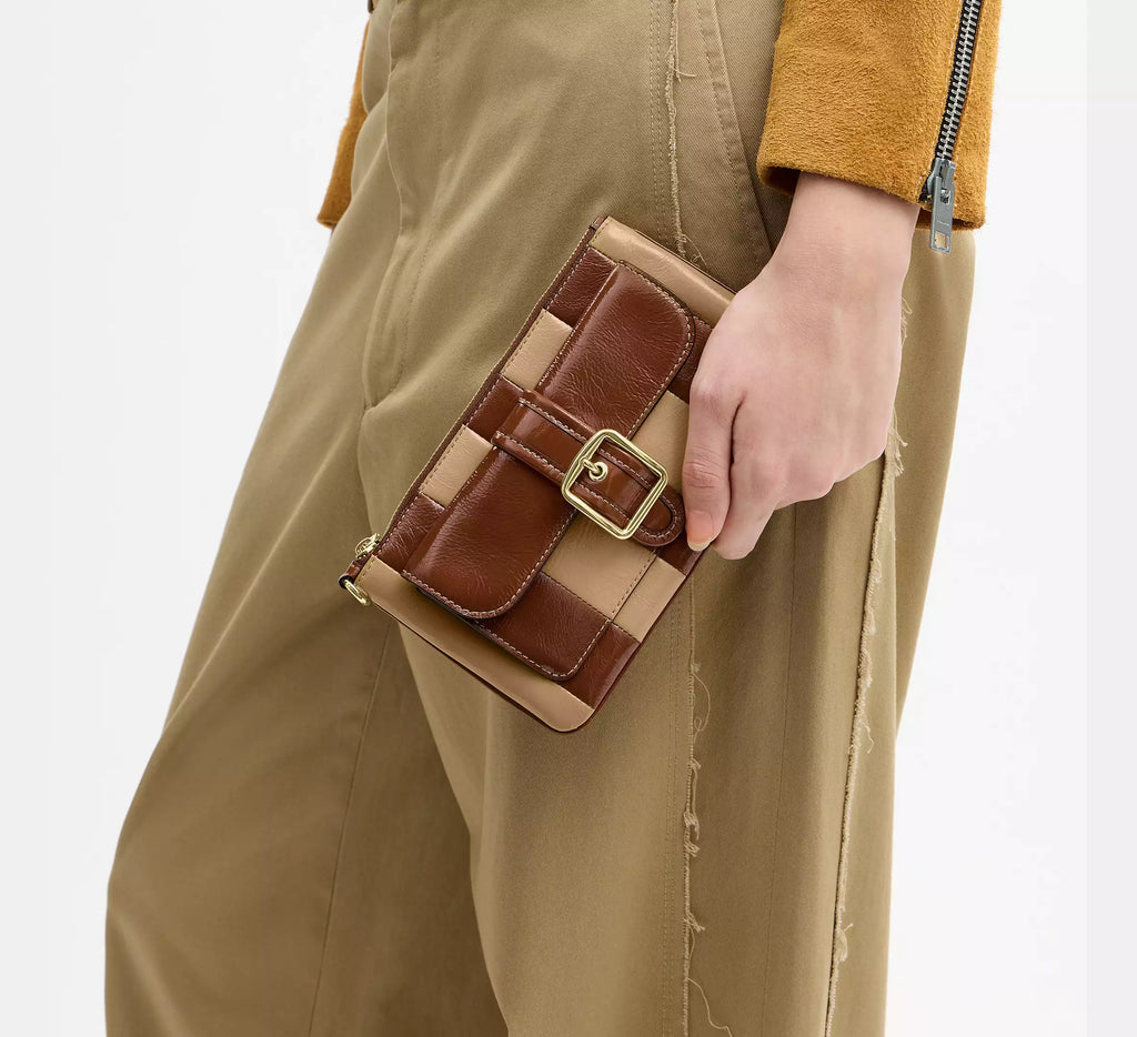 Two-Tone Patchwork Buckle-Front Zip-Top Wristlet with Wrist Strap