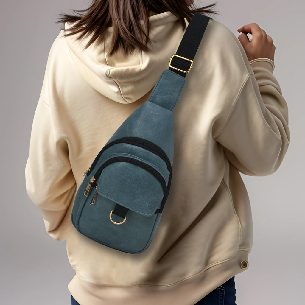 Teal Blue Multi-Pocket Sling Bag with Gold-Tone Hardware Accents