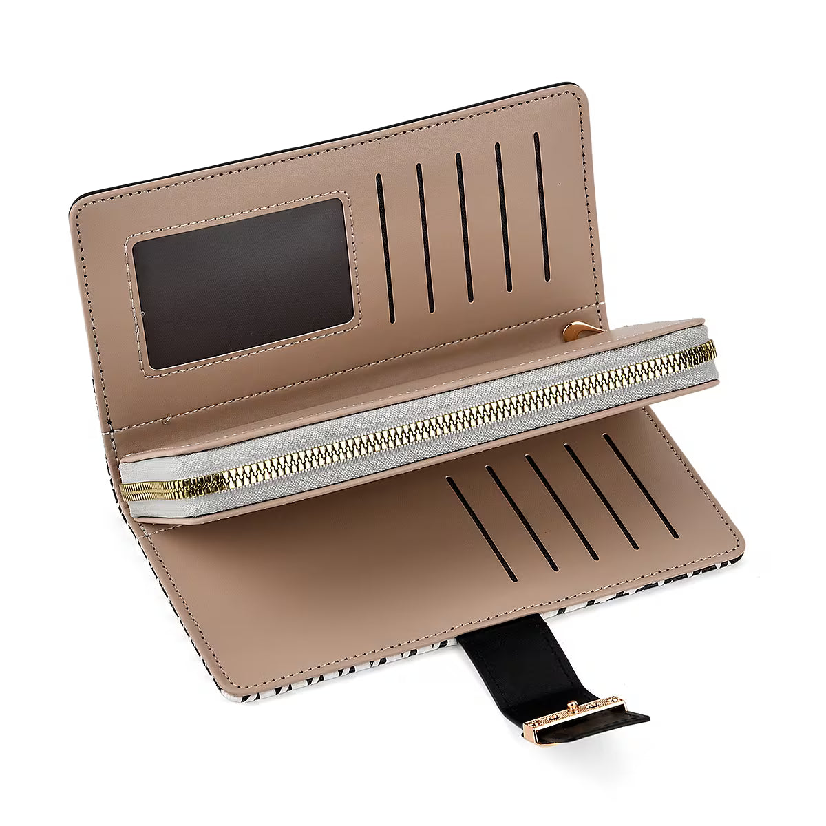 Black Houndstooth Scalloped Long Wallet with Gold Buckle Accent