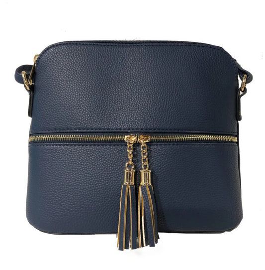 Navy Textured Multi-Zipper Shoulder Bag with Tassel Accents