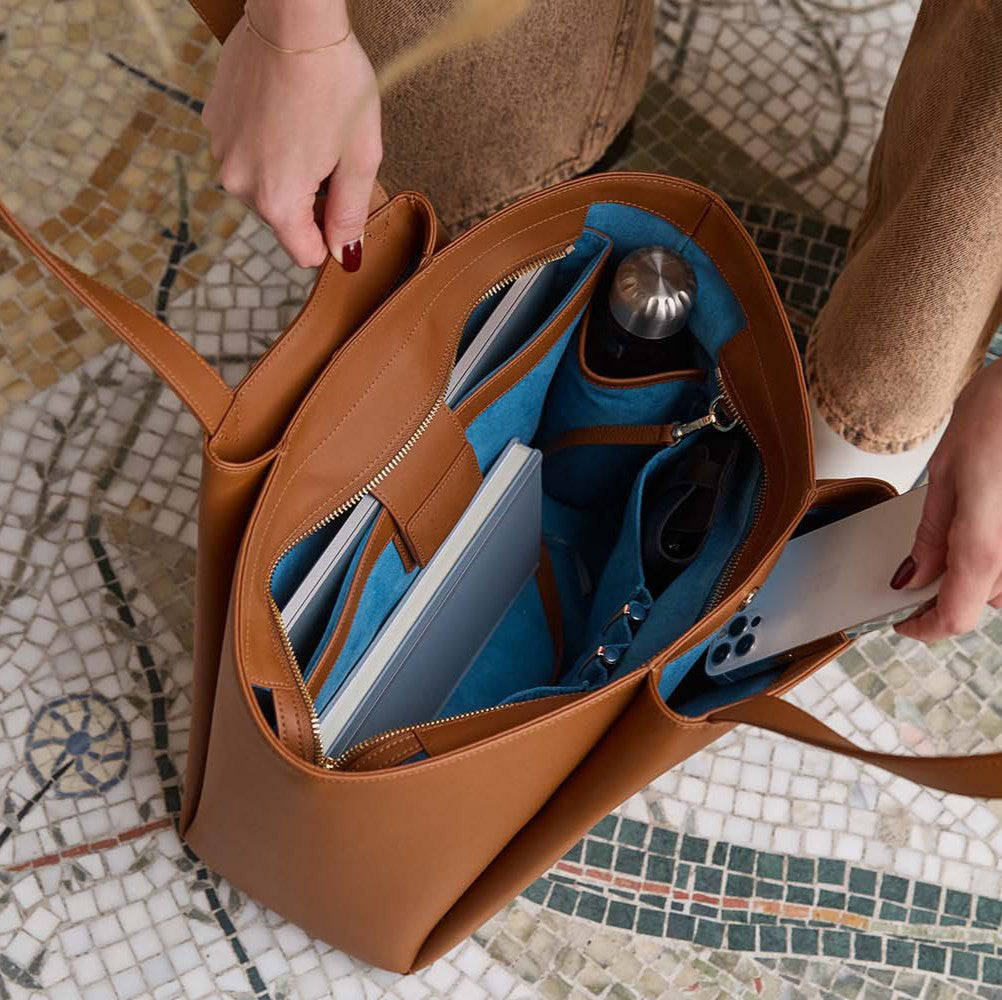 Cognac Structured Multi-Compartment Tote Bag with Zipper Pocket