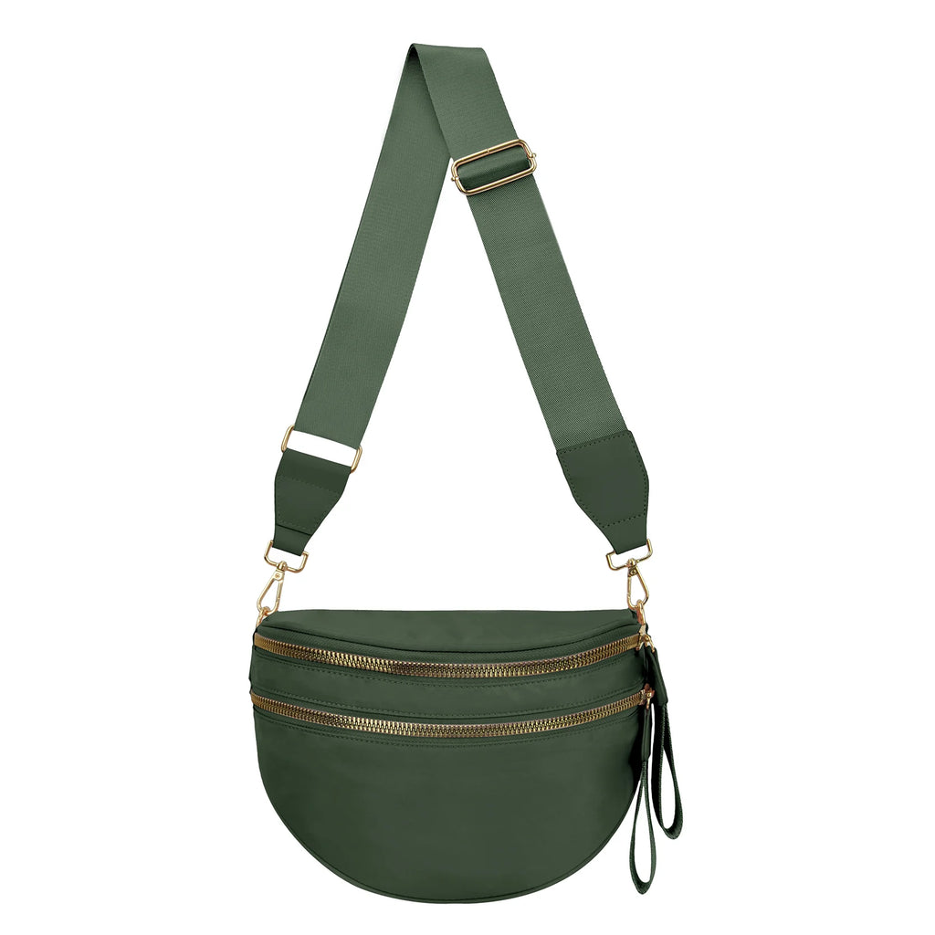 Forest Green Crescent Dual-Zip Sling Bag with Gold-Tone Hardware
