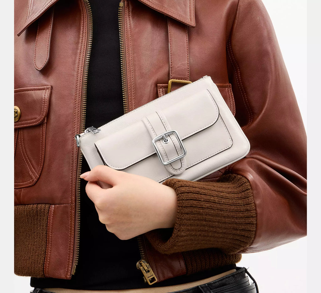 Vintage Buckle-Front Zip-Top Wristlet Wallet with Card Slots