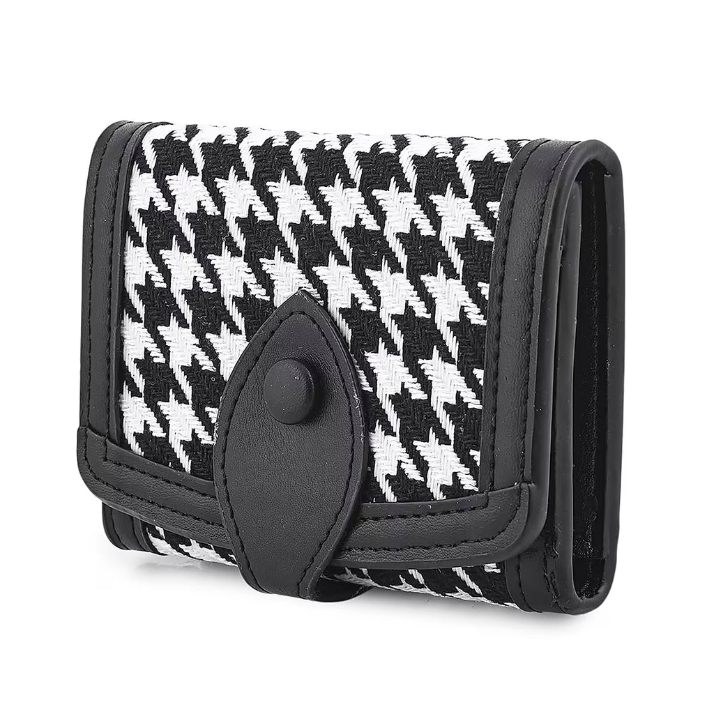 Houndstooth Pattern Compact Snap-Closure Wallet with Contrast Trim