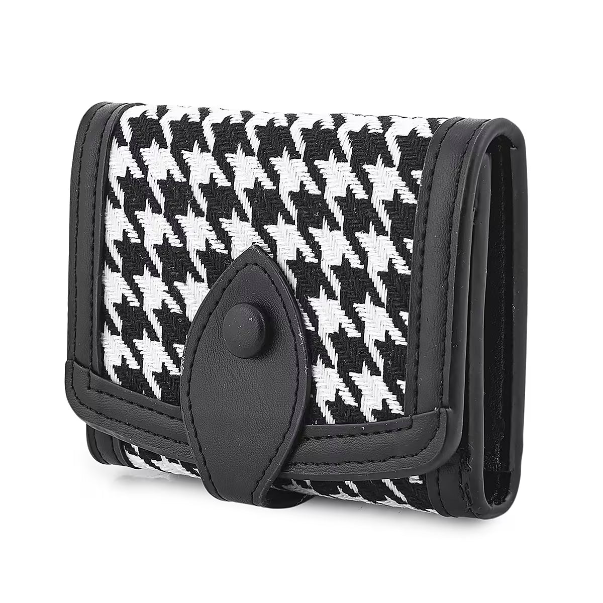 Houndstooth Pattern Compact Snap-Closure Wallet with Contrast Trim