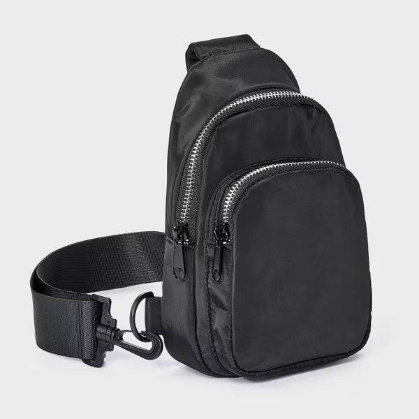 Dual-Zipper Adjustable Sling Bag in Black & White Tones