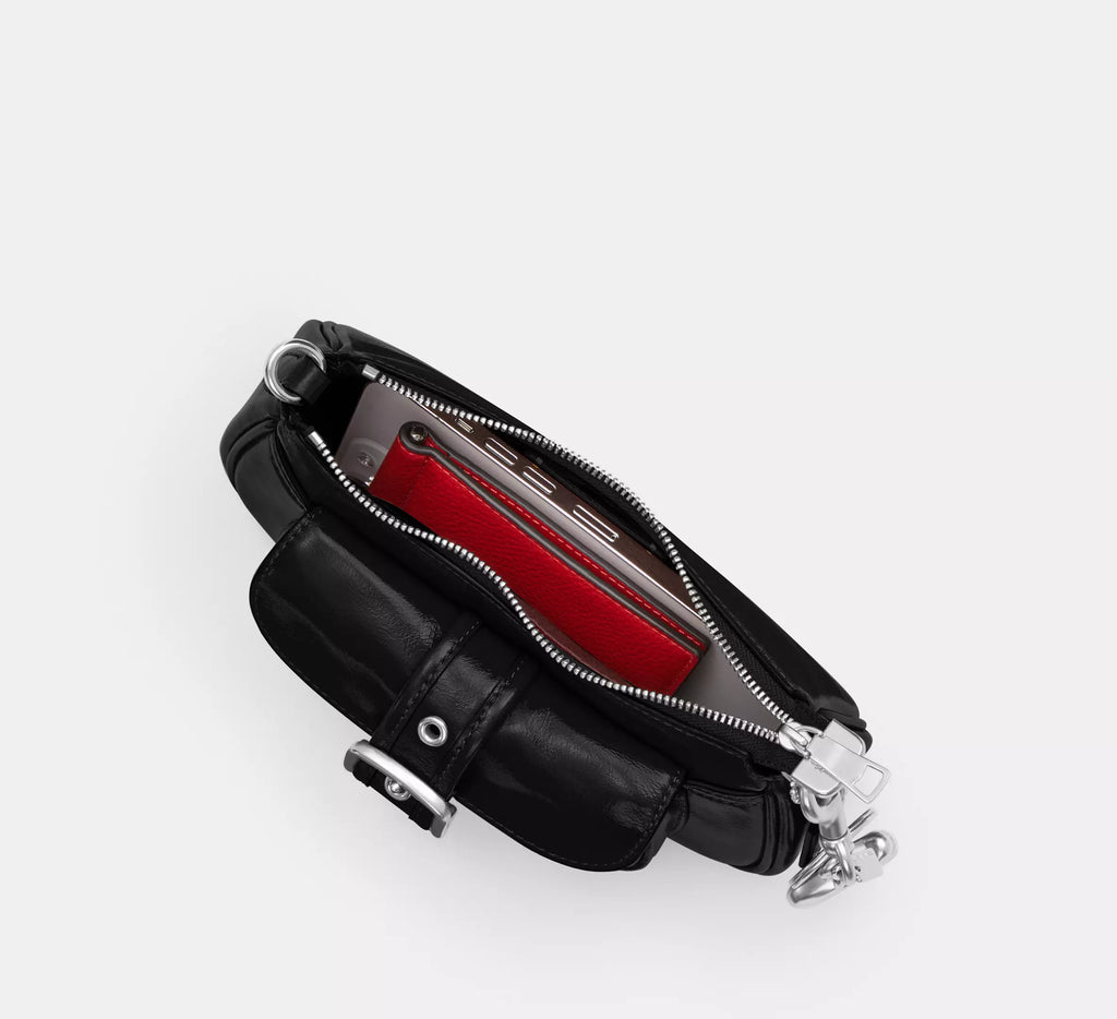 Black Retro Buckle-Front Mini Shoulder Bag with Detachable Strap