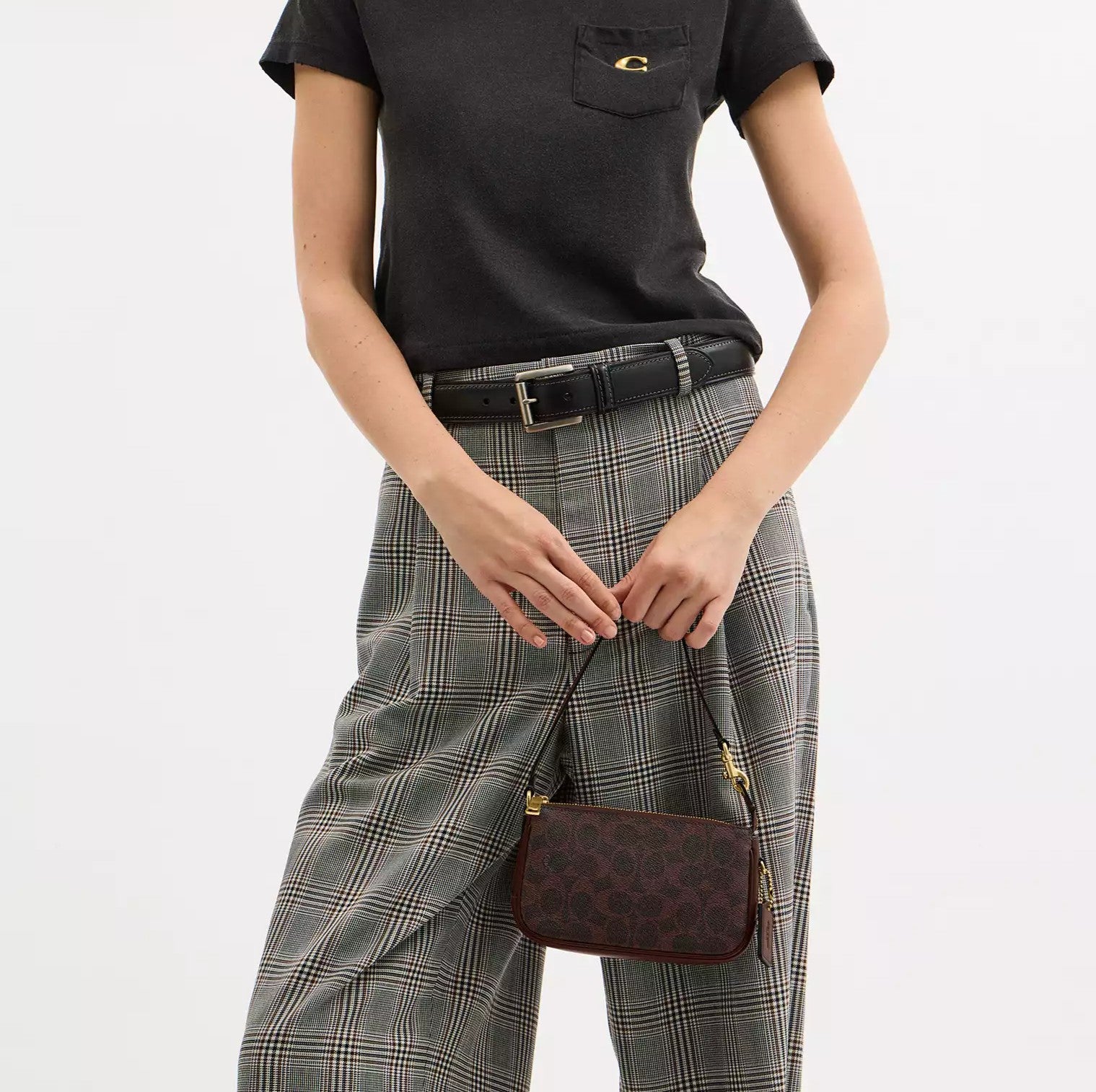 Brown Monogram Print Convertible Shoulder Bag With Removable Wrist Strap Handbag