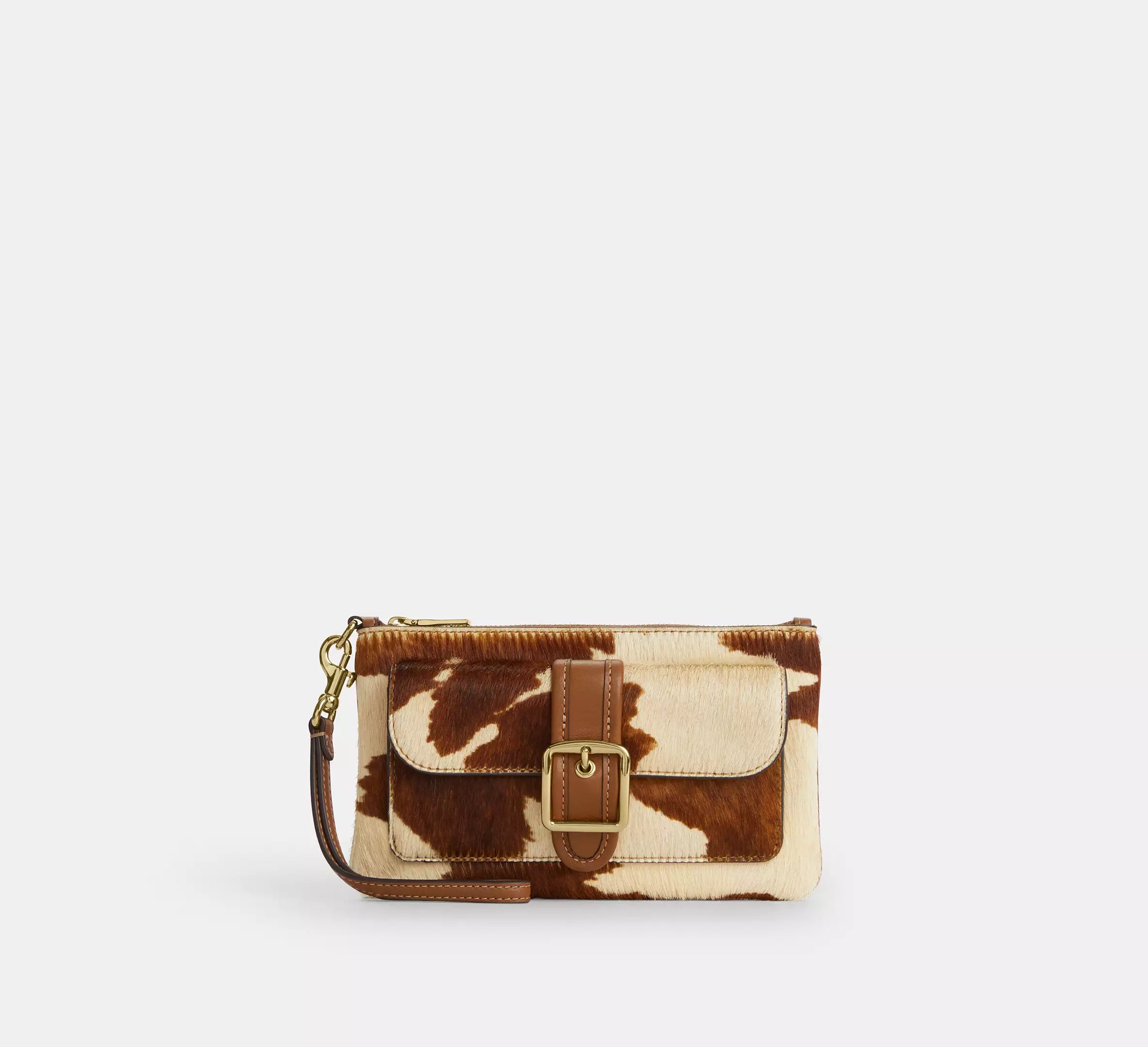 Cow Print Buckle-Front Zip-Top Wristlet with Detachable Wrist Strap