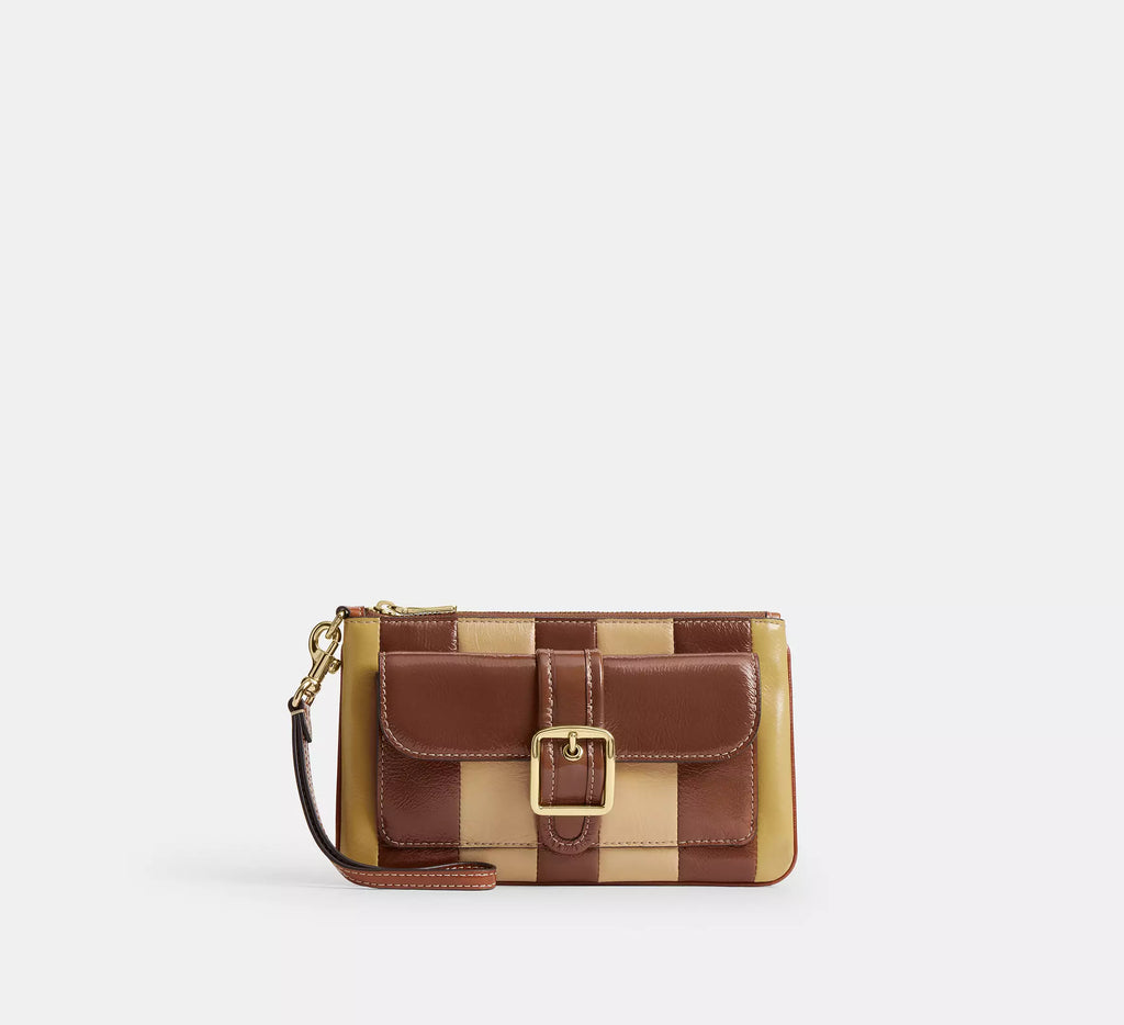 Two-Tone Patchwork Buckle-Front Zip-Top Wristlet with Wrist Strap