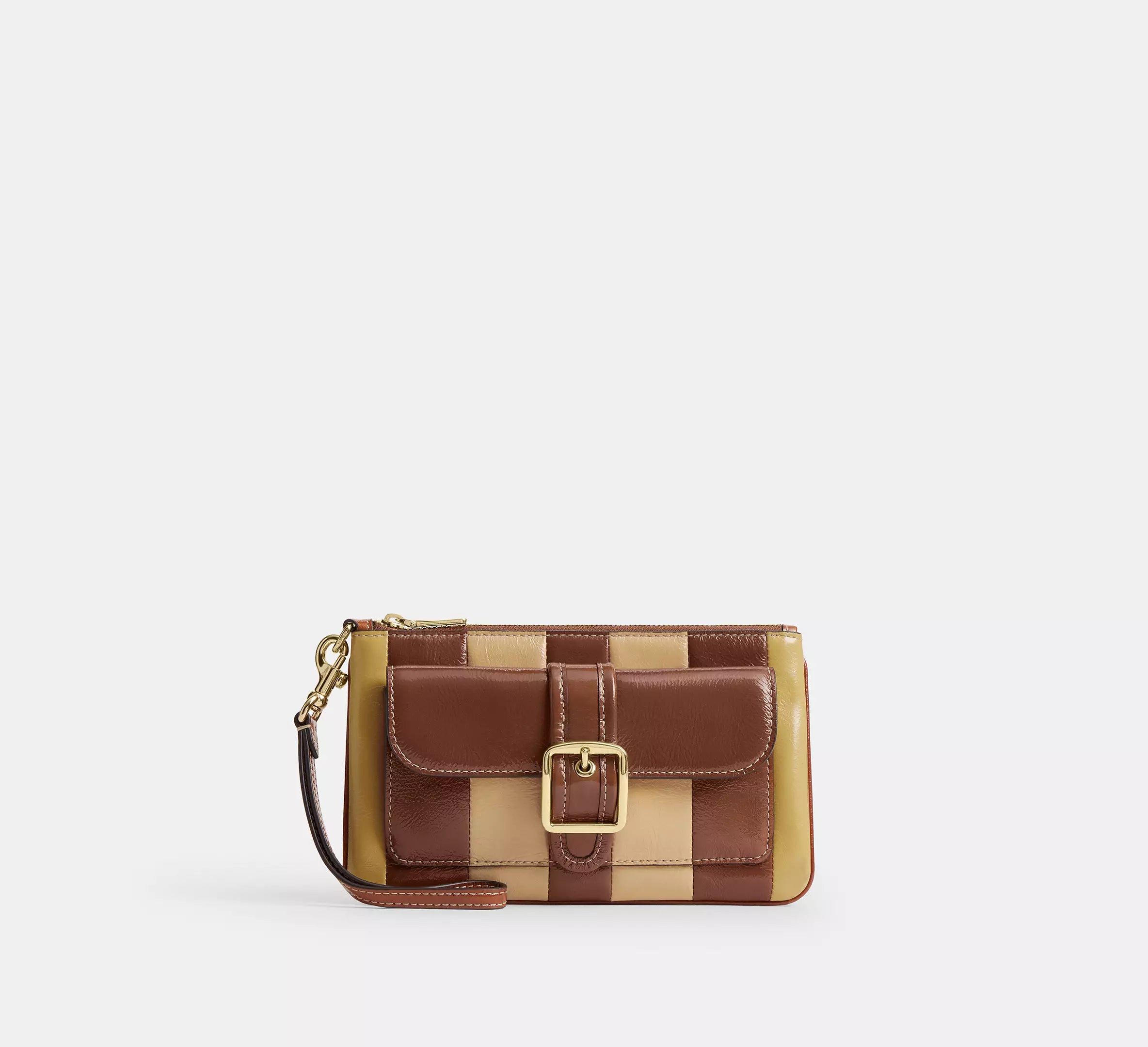 Two-Tone Patchwork Buckle-Front Zip-Top Wristlet with Wrist Strap