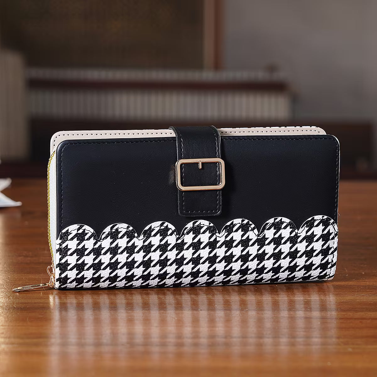 Black Houndstooth Scalloped Long Wallet with Gold Buckle Accent