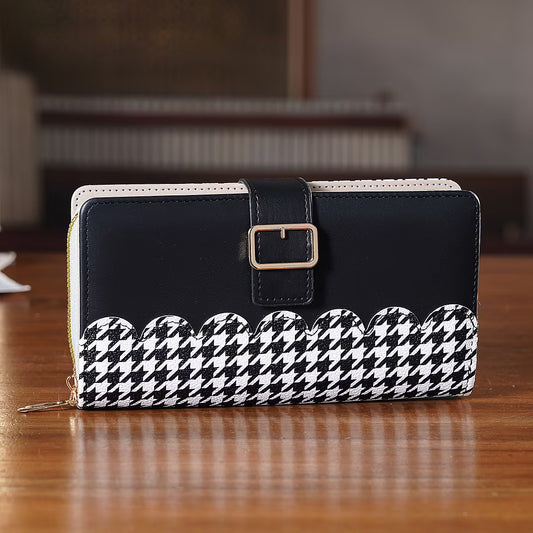 Black Houndstooth Scalloped Long Wallet with Gold Buckle Accent