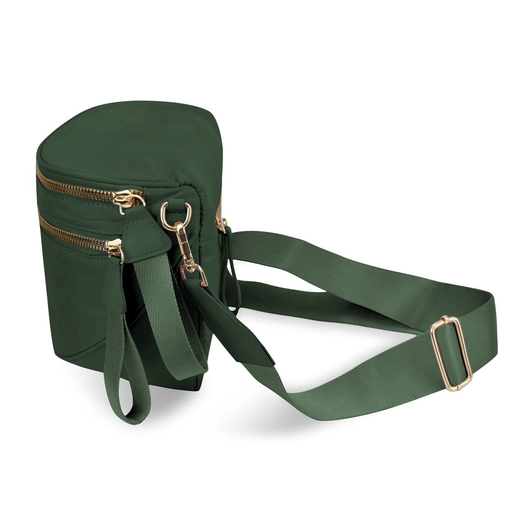 Forest Green Crescent Dual-Zip Sling Bag with Gold-Tone Hardware