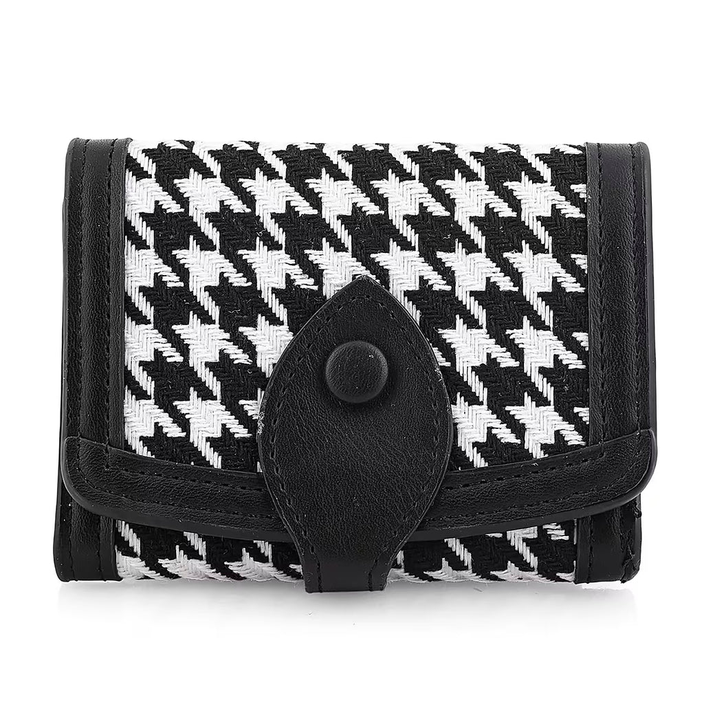 Houndstooth Pattern Compact Snap-Closure Wallet with Contrast Trim