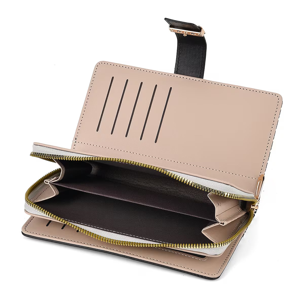 Black Houndstooth Scalloped Long Wallet with Gold Buckle Accent