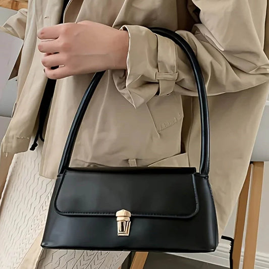 Sleek Minimalist Top-Handle Shoulder Bag with Turn-Lock Flap Closure Handbag