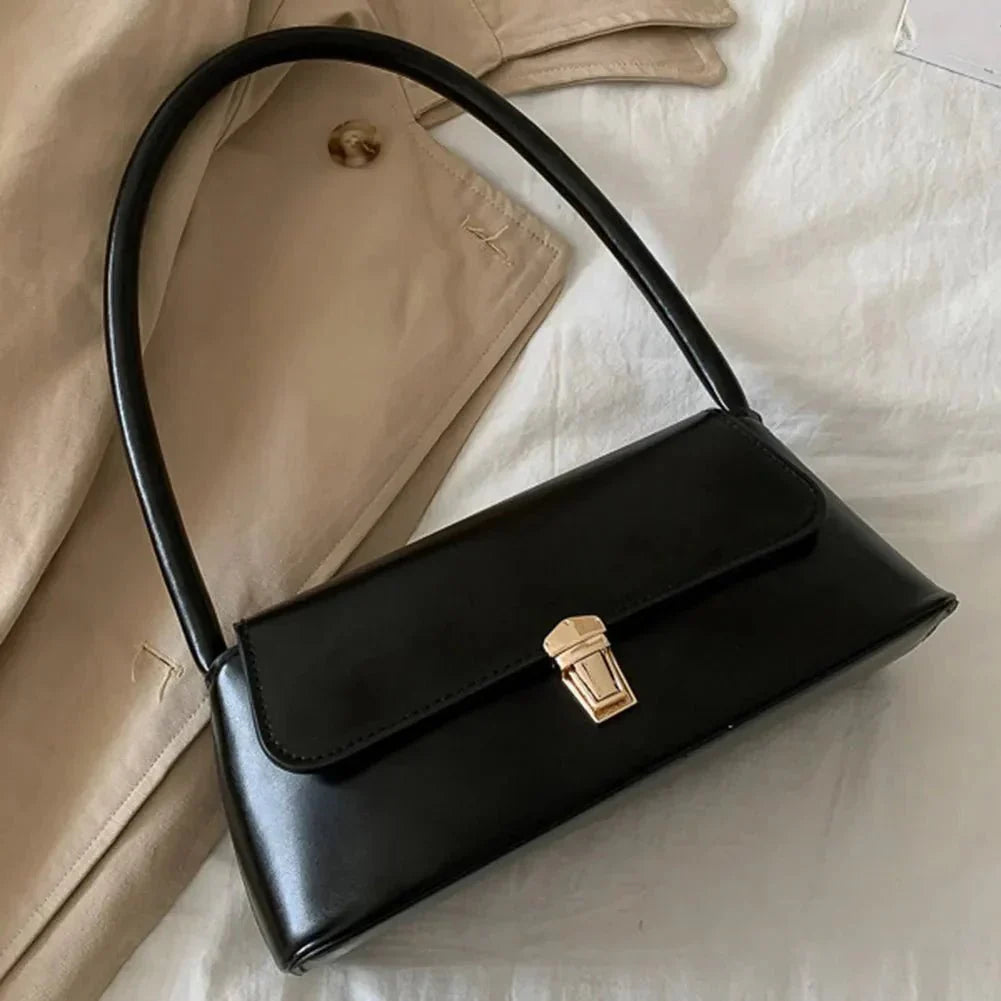 Sleek Minimalist Top-Handle Shoulder Bag with Turn-Lock Flap Closure Handbag