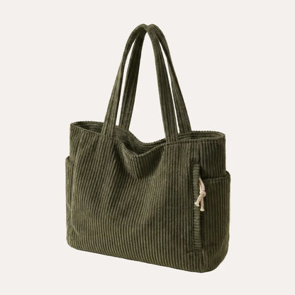 Olive Corduroy Spacious Tote Bag With Side Pockets And Wide Handles
