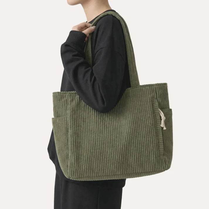 Olive Corduroy Spacious Tote Bag With Side Pockets And Wide Handles