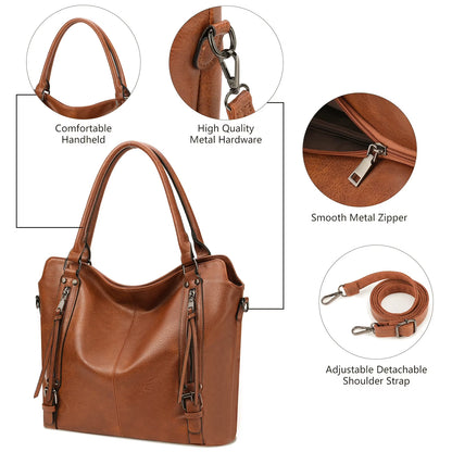 Cognac Brown Vintage Multi-Zipper Tote Bag with Matching Wristlet and Adjustable Strap