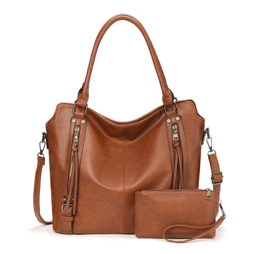 Cognac Brown Vintage Multi-Zipper Tote Bag with Matching Wristlet and Adjustable Strap