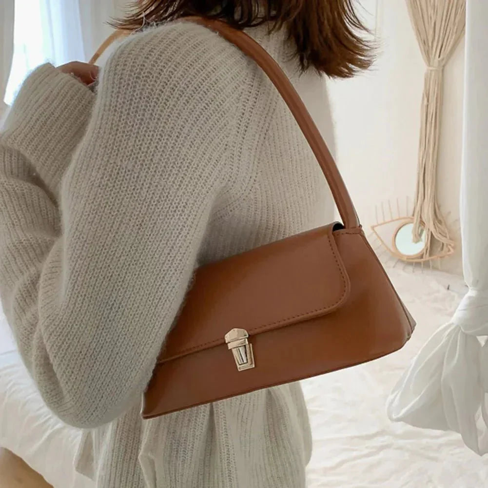 Sleek Minimalist Top-Handle Shoulder Bag with Turn-Lock Flap Closure Handbag