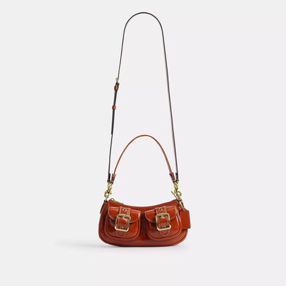 Terracotta Retro Red Buckle-Front Shoulder Bag With Detachable Strap Handbag