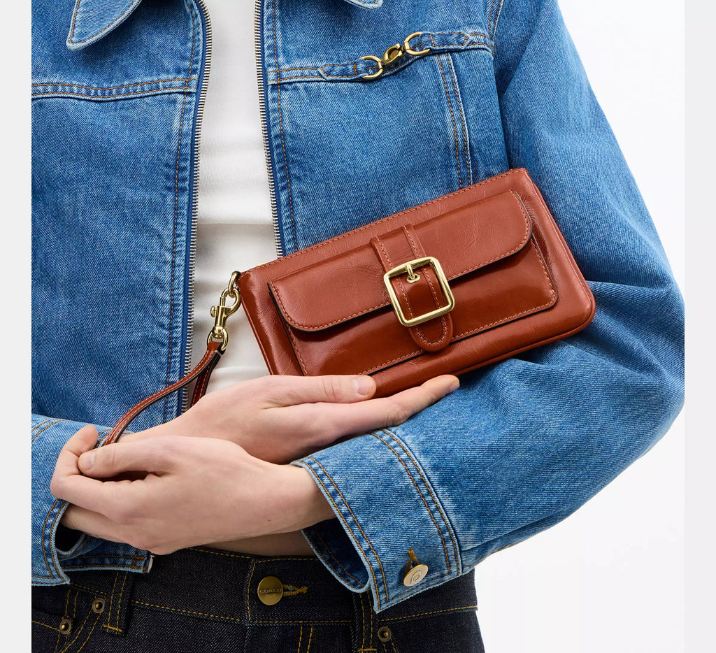 Vintage Buckle-Front Zip-Top Wristlet Wallet with Card Slots