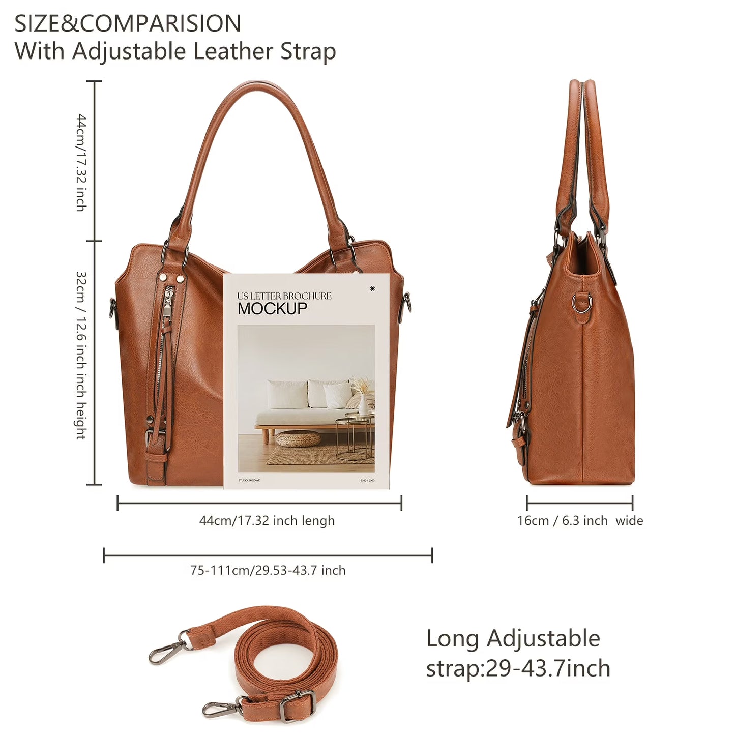 Cognac Brown Vintage Multi-Zipper Tote Bag with Matching Wristlet and Adjustable Strap