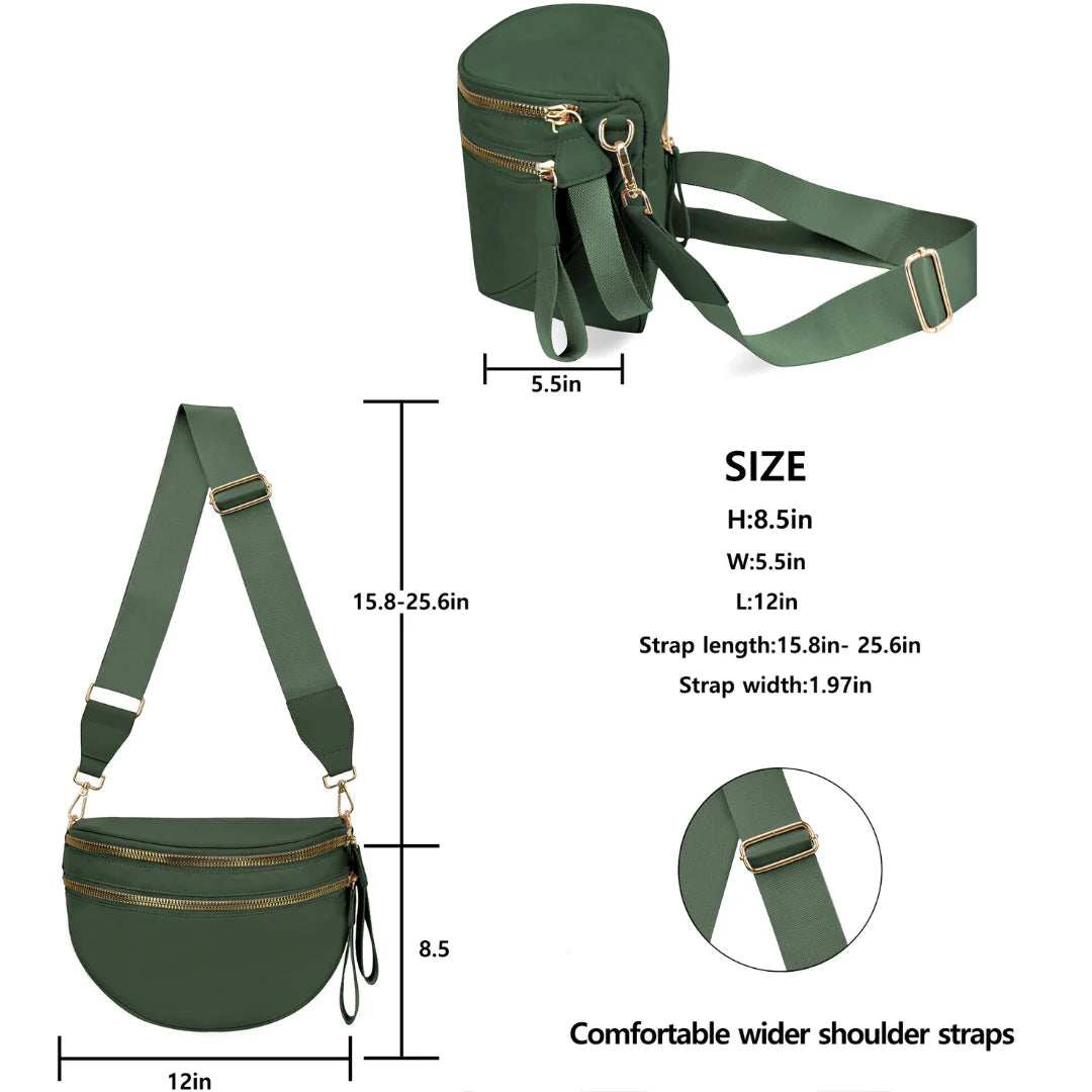 Forest Green Crescent Dual-Zip Sling Bag with Gold-Tone Hardware