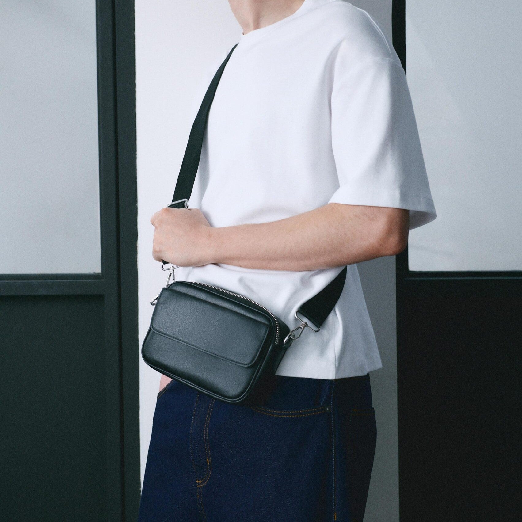 Jet Black Front-Pocket Zip Shoulder Bag with Adjustable Strap