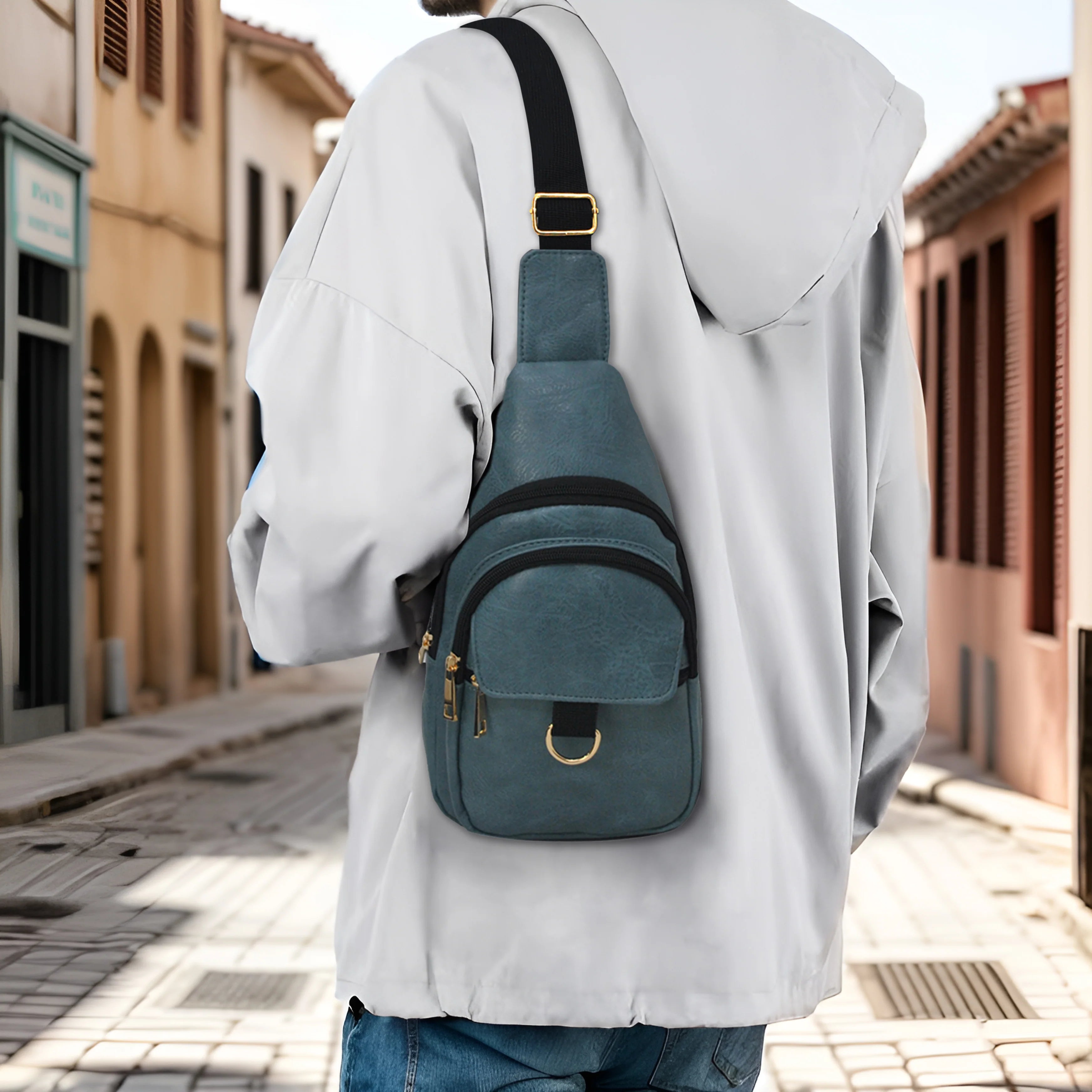 Teal Blue Multi-Pocket Sling Bag with Gold-Tone Hardware Accents
