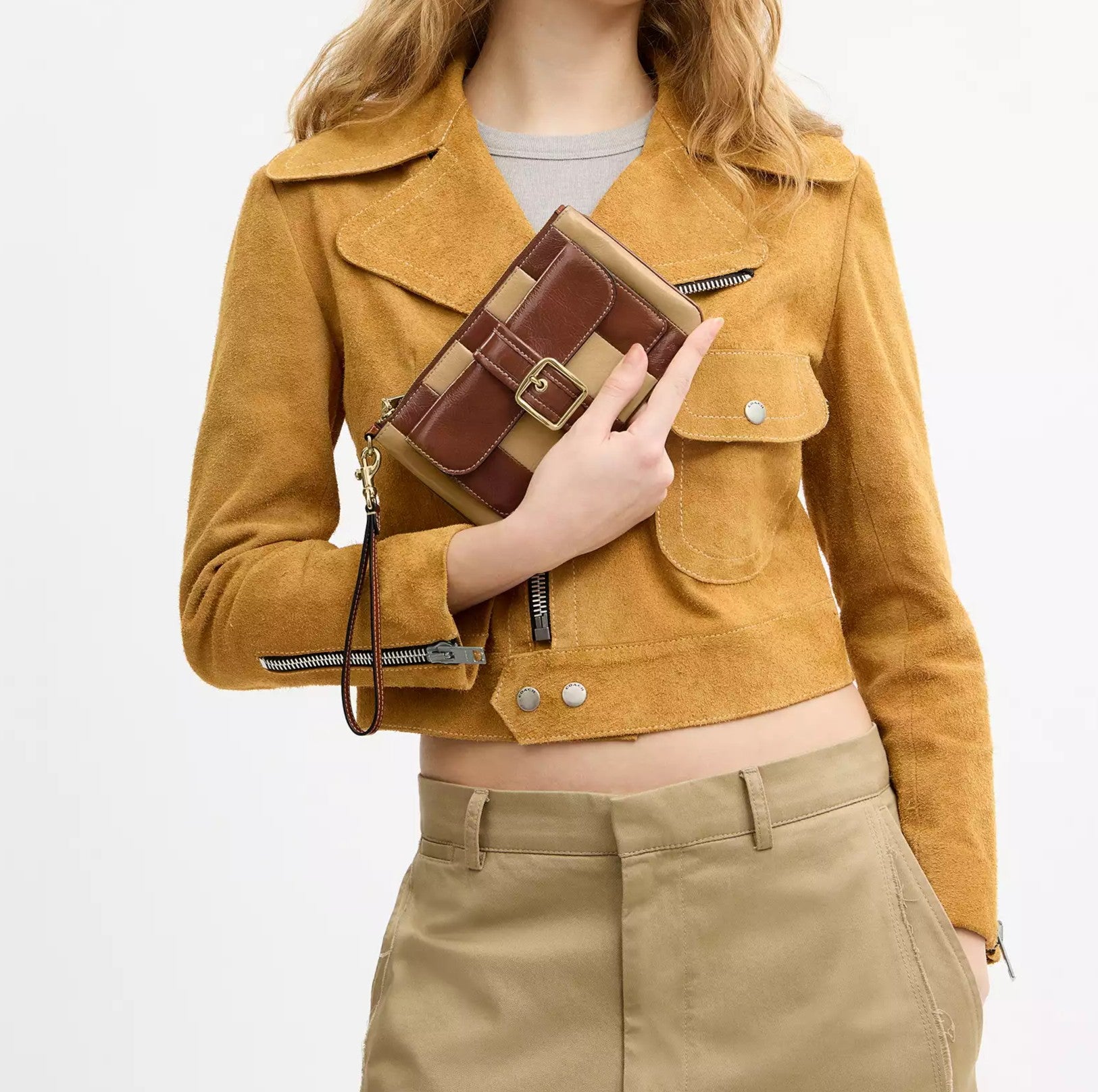 Two-Tone Patchwork Buckle-Front Zip-Top Wristlet with Wrist Strap