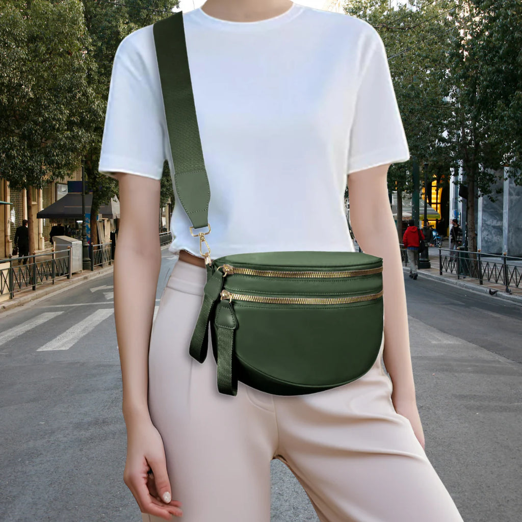 Forest Green Crescent Dual-Zip Sling Bag with Gold-Tone Hardware