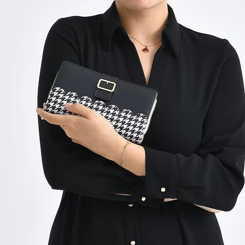 Black Houndstooth Scalloped Long Wallet with Gold Buckle Accent